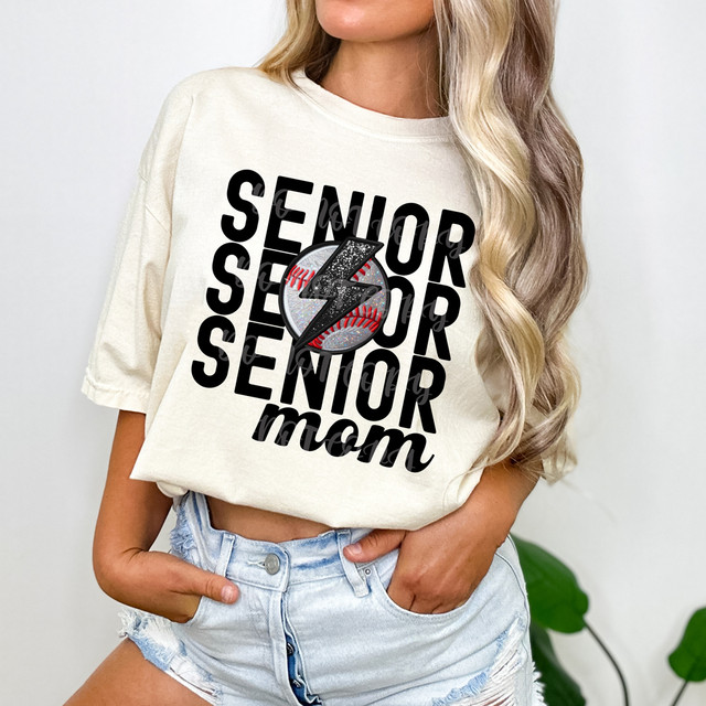 Senior Mom Baseball Bolt Faux Embroidery DTF Heat Transfer