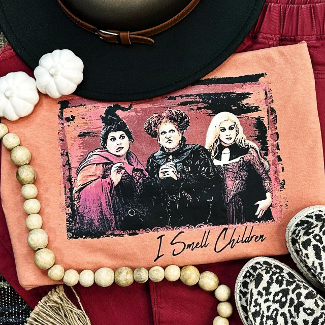 I Smell Children Screen Print Heat Transfer, graphic design featuring three spooky characters, Halloween themed artwork on a t-shirt.