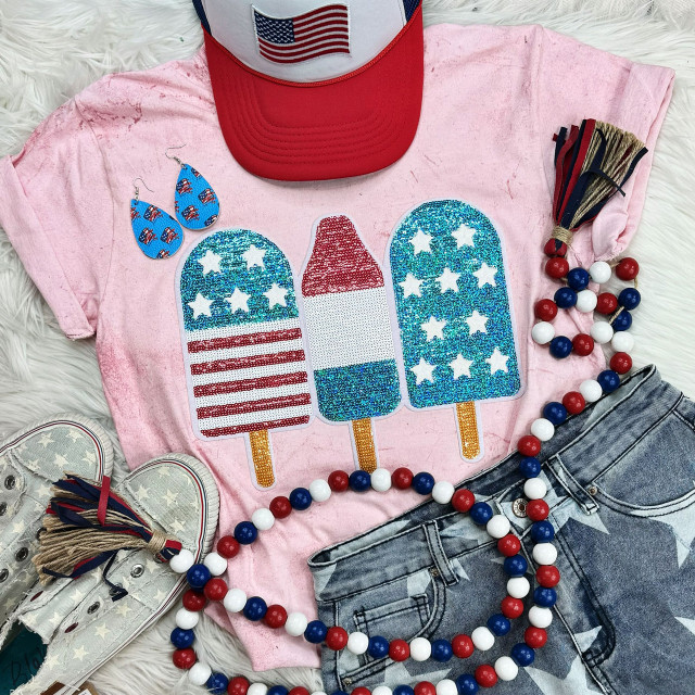 Popsicles Sequin Patch, colorful glittery sequin patch with three popsicle designs on a pink t-shirt, patriotic American theme with stars and stripes.