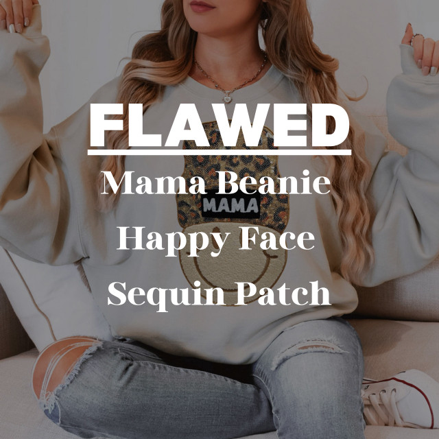 FLAWED Mama Beanie Happy Face Sequin Patch, fuzzy beige baby beanie with pink sequin happy face patch.