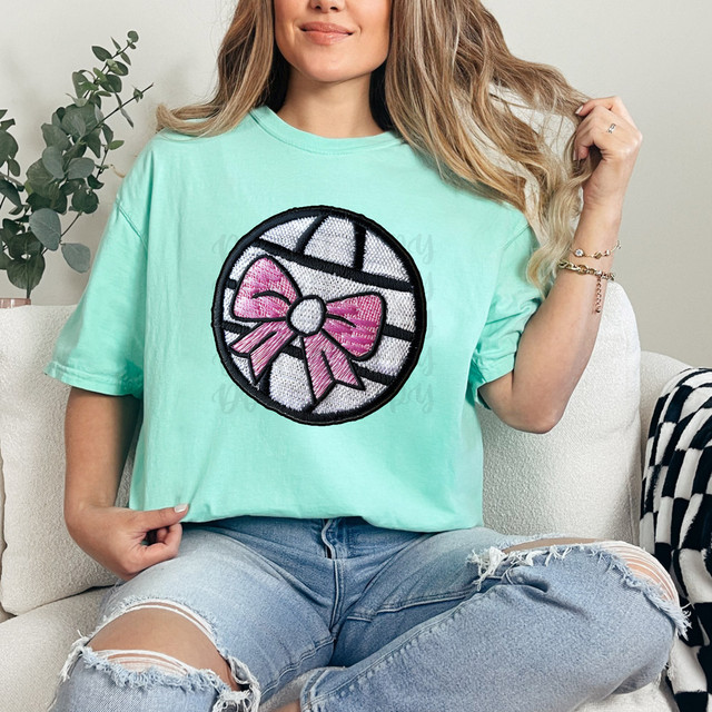 Volleyball Pink Bow Faux Embroidery DTF Heat Transfer