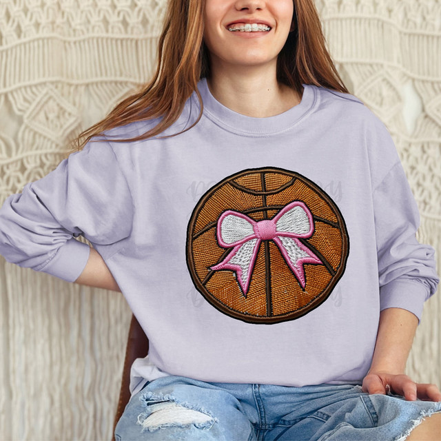 Basketball Pink Bow Faux Embroidery DTF Heat Transfer