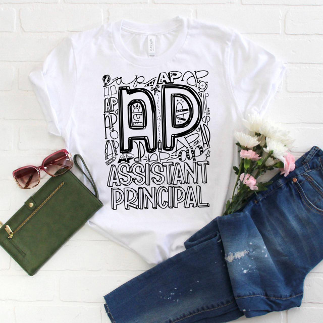 Assistant principal typography sublimation transfer, white T-shirt with black outline text design for school staff.