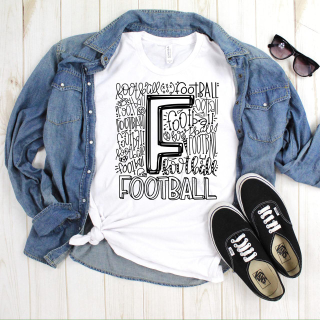 Football Typography Sublimation Transfer, black and white graphic t-shirt with football-themed typography and design elements.