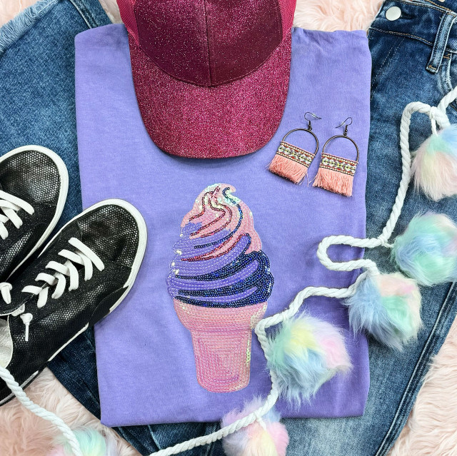 Ice Cream Cone YOUTH Sequin Patch, colorful sequin embroidered ice cream cone on purple t-shirt with casual sneakers, denim jeans, pink cap, and fluffy pastel pom-pom string accessory, fashionable streetwear style for youth.