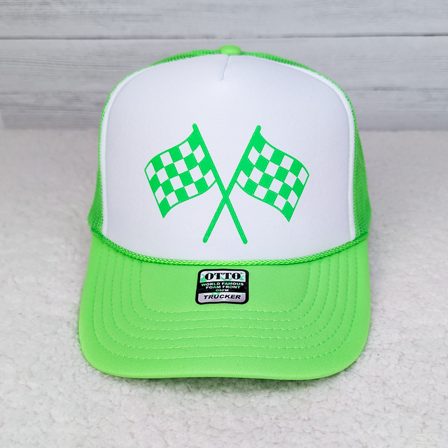 Neon GREEN Checkered Flags Hat/Pocket Screen Print Heat Transfer