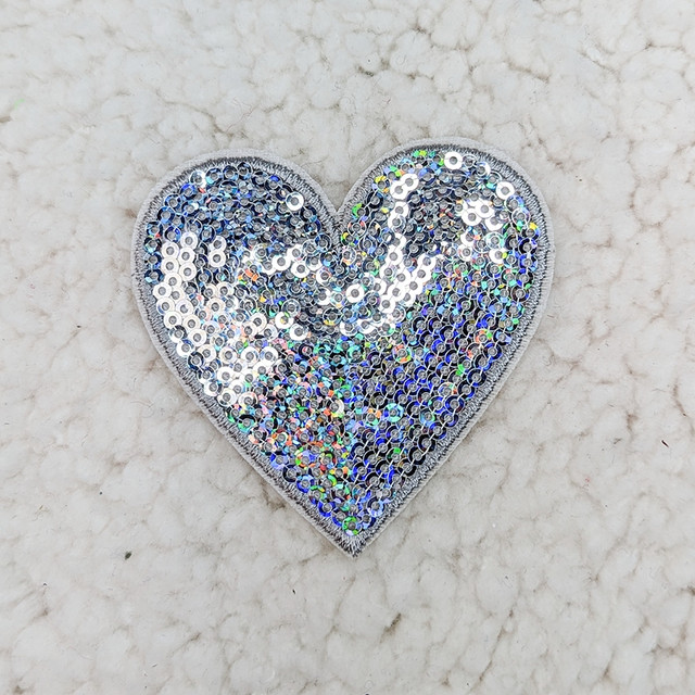 SILVER sequin heart HAT/POCKET Patch, embroidered patch with silver sequins creating a shiny heart design.
