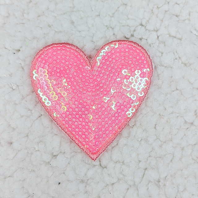 PINK sequin heart HAT/POCKET Patch, pink heart-shaped sequin patch with shiny iridescent sequins and embroidered edges for clothing or accessories.