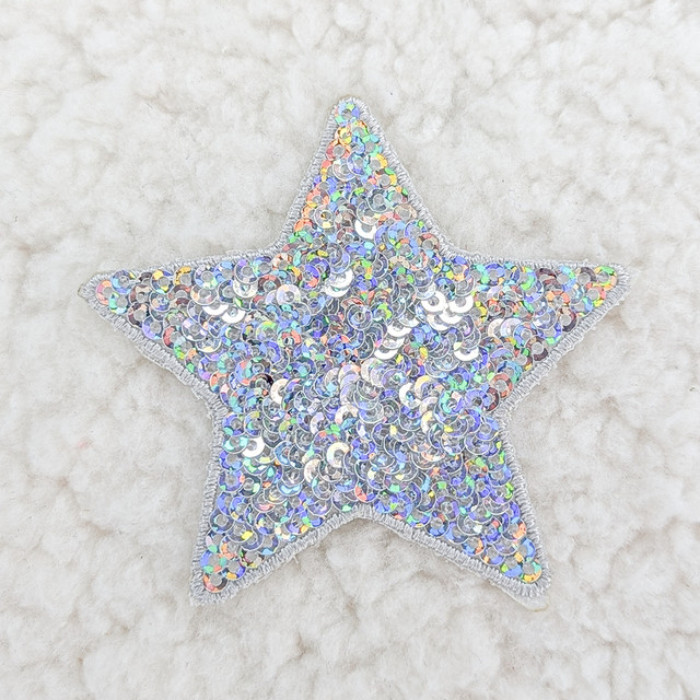 SILVER sequin STAR HAT/POCKET Patch, iridescent glitter star patch with silver sequins on fabric background.