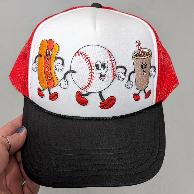 Product Bundle Vintage Baseball Characters Embroidered Hat with Hot Dog, Baseball, and Soda Patch.