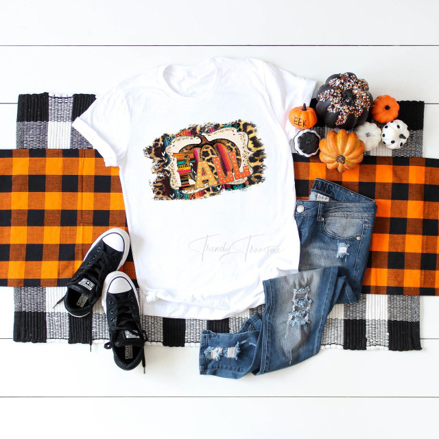 Fall Serape Leopard Patterned Pumpkin Sublimation Transfer, a t-shirt with a leopard print pumpkin and colorful 'Fall' lettering, on a fall-themed display with pumpkins and plaid fabric.
