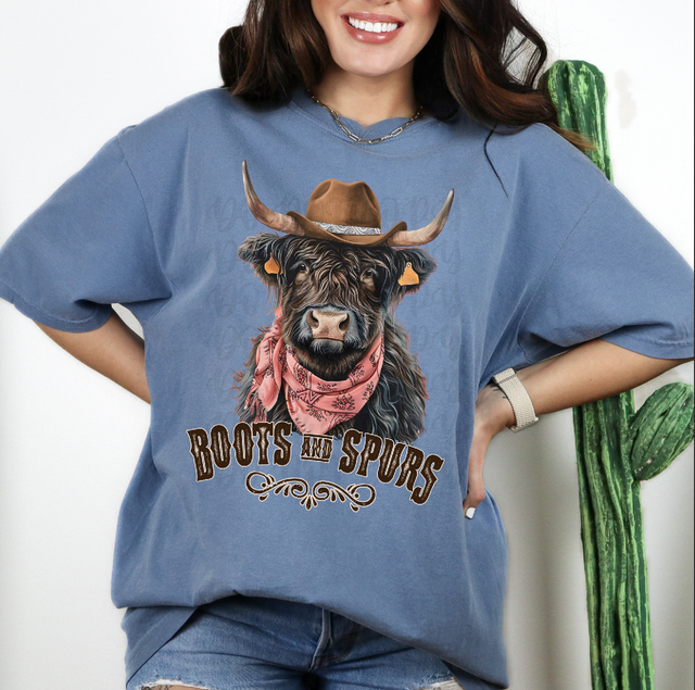 Boots & Spurs Shaggy Cow DTF Heat Transfer
