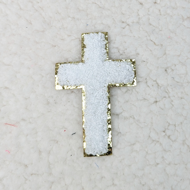 WHITE CROSS Glitter Chenille HAT/POCKET Patch, decorative white chenille cross patch with glittery gold border for clothing or accessories.