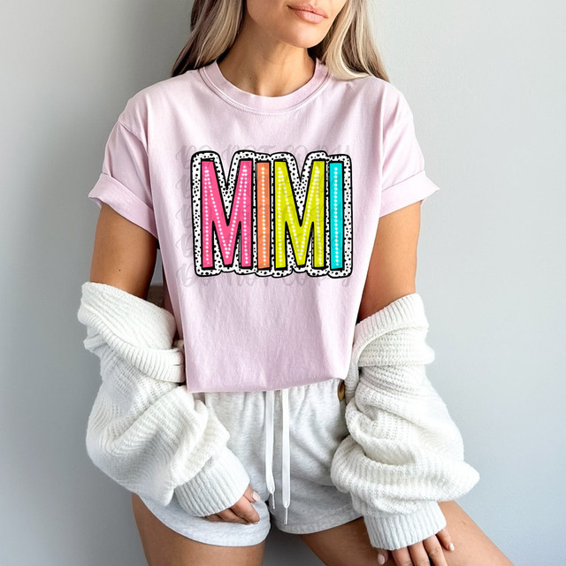 Mimi Dalmatian Dots DTF Heat Transfer, colorful and patterned heat transfer design on a pink T-shirt, showcasing a fun and vibrant style for customization.