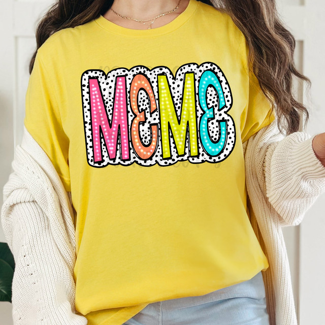 Meme Dalmatian Dots DTF Heat Transfer, colorful and playful design on a yellow t-shirt.