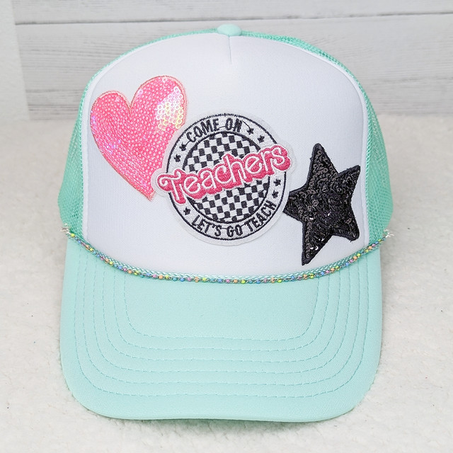 Colorful Dots Hat Chain, embroidered patch details on a white and mint green cap.