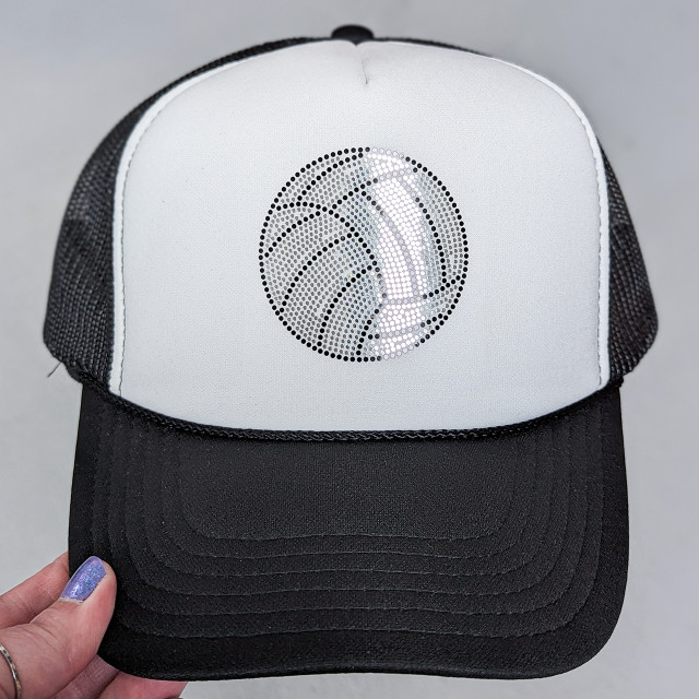 Spangled Volleyball Hat with Pocket Transfer, black and white baseball cap featuring a volleyball graphic and storage pocket on the front.