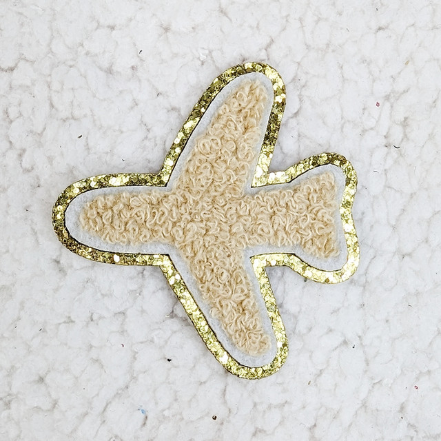 Tan Airplane Chenille & Glitter HAT/POCKET Patch, desert tan colored airplane patch with glittery gold outline and chenille textured surface.