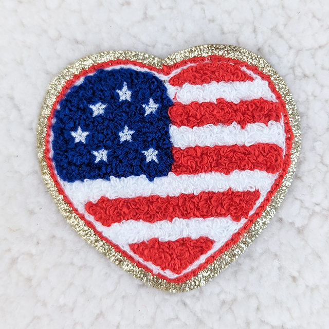 American Flag HEART Chenille & Glitter HAT/POCKET Patch