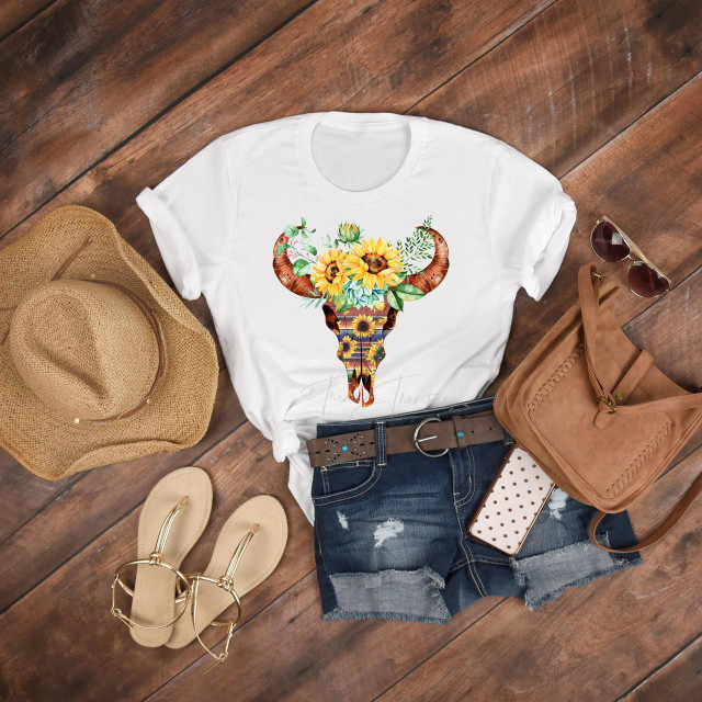 Sunflower Serape Bull skull Sublimation Transfer, product image of a custom-designed T-shirt with sunflower and bull skull design.