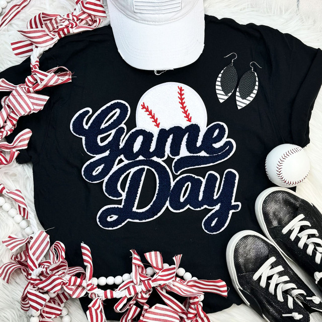 Baseball Navy Game Day Chenille Patch, embroidered navy blue and white patch featuring a baseball, suitable for sports apparel or accessories.