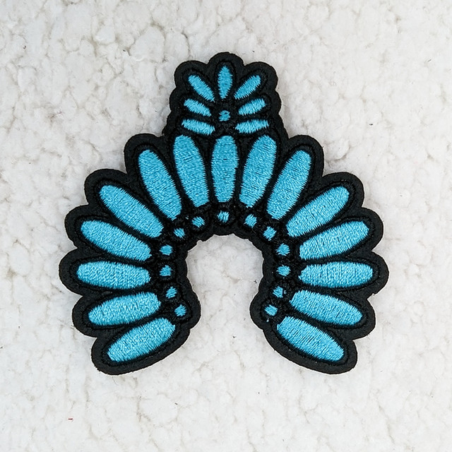 Blue Squash Blossom Embroidered HAT/POCKET Patch, detailed embroidered squash blossom design in shades of blue with black border.