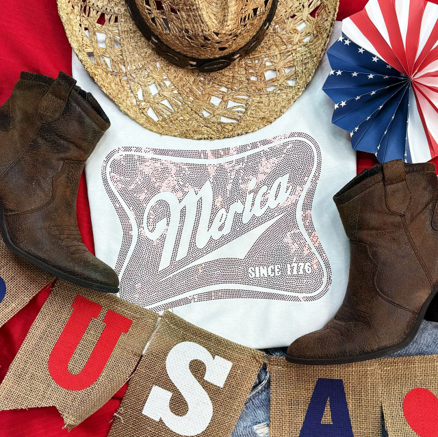 Merica Red Spangled Transfer, patriotic American-themed design with red, white, and blue colors, suitable for apparel or accessories.