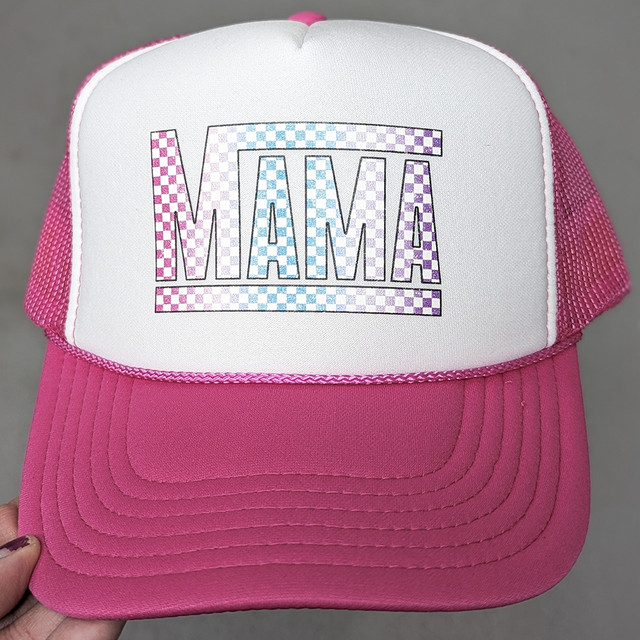 Multi-Colored Checkered Mama Hat/Pocket Screen Print Heat Transfer, pink trucker style hat featuring a checkered design with the word 'MAMA' on the front panel.