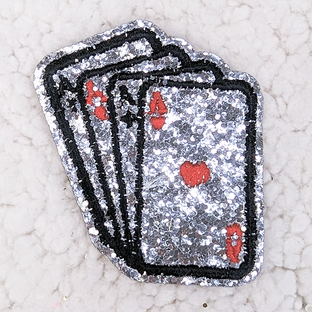 Silver Playing Cards Embroidered Glitter HAT/POCKET Patch