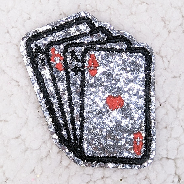 Silver Playing Cards Embroidered Glitter HAT/POCKET Patch, decorative patch featuring playing cards with glitter and embroidery design.