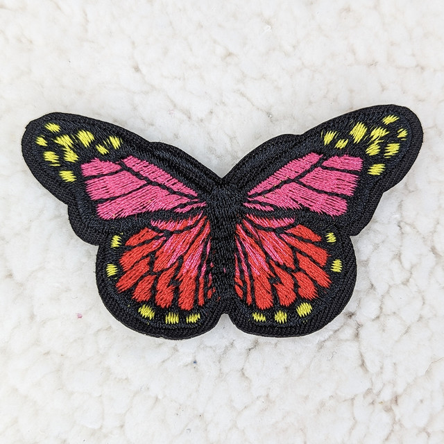 Red Pink Butterfly Embroidered HAT/POCKET Patch, detailed butterfly embroidery patch with pink, red, yellow, and black colors on a white background.