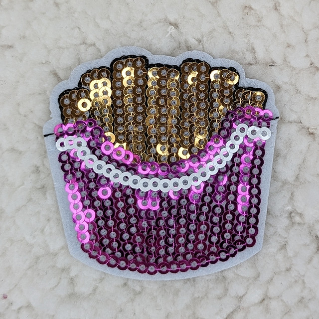 Fries Sequin HAT/POCKET Patch, colorful sequin embroidery of a French fries container with pink, white, and gold sequins.
