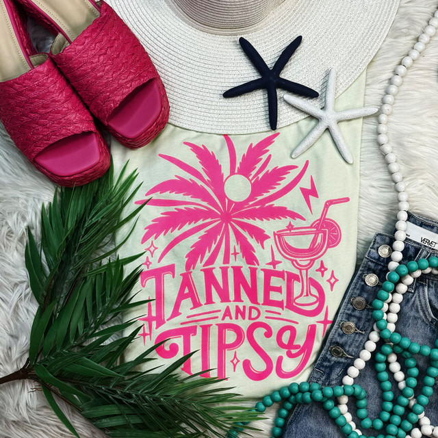 Tanned and Tipsy NEON Pink Screen Print Heat Transfer