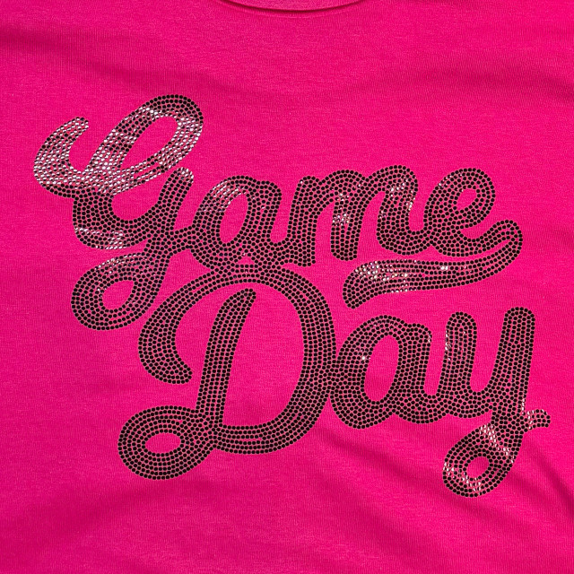 BLACK Game Day Spangled Transfer, pink fabric with black and silver glittering text reading 'Game Day' in a stylish script font.