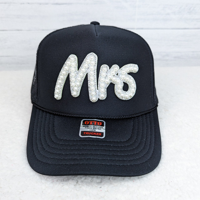 GLUE ON MRS Pearl Sparkle HAT/POCKET Patch, a black cap with a pearl embellished 'MRS' patch on the front.