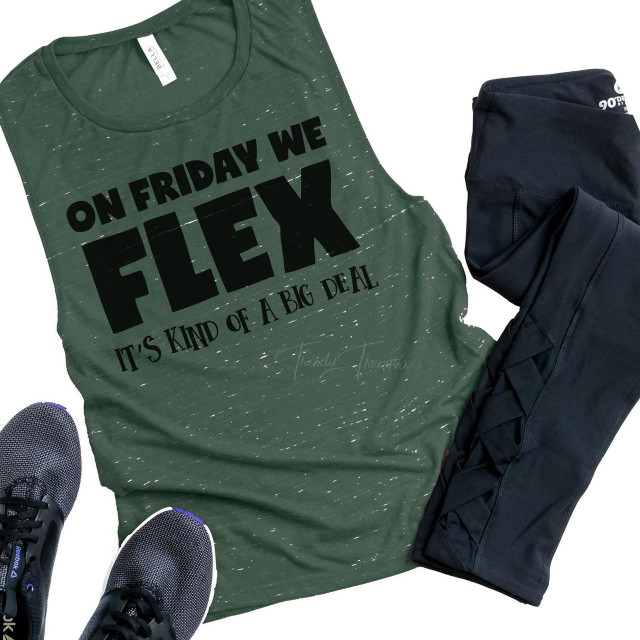 On Friday We Flex Sublimation Transfer, graphic sleeveless tee shirt with distressed design for fitness enthusiasts.