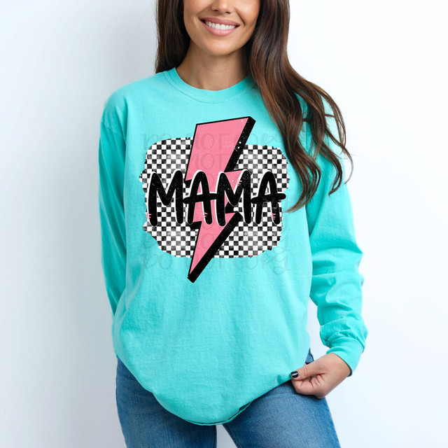 Mama Pink Bolt DTF Heat Transfer, a vibrant design featuring a pink lightning bolt and the word 'Mama' over a checkered background on a turquoise sweatshirt.