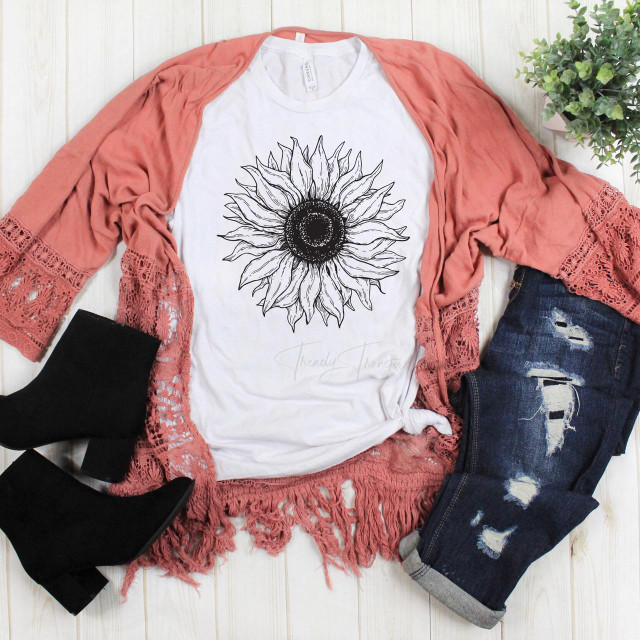 Sunflower outline Sublimation Transfer, black and white sunflower design on a white T-shirt.
