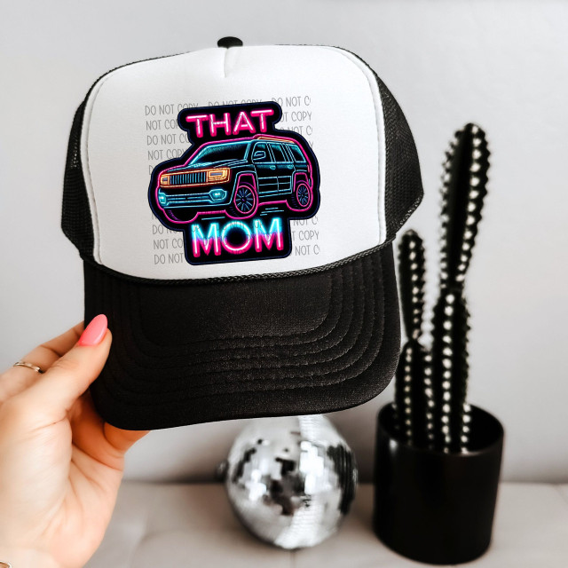 That Mom Black SUV Faux Patch Sublimation Transfer, neon design patch of a black SUV with 'That Mom' text, attached to a black and white trucker hat.