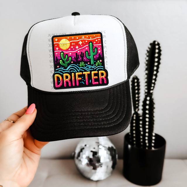 Drifter Faux Patch Sublimation Transfer, colorful neon desert landscape design with cacti and sunset on a trucker hat.