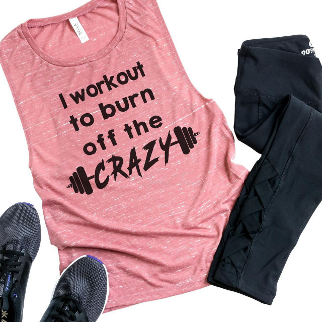 Burn Off The Crazy Sublimation Transfer, pink tank top with motivational fitness quote and black leggings with a graphic design.