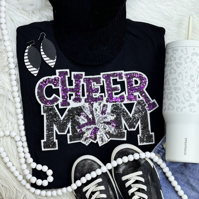 PURPLE Sequin Cheer Mom Patch, close-up of a glittery purple and black sequin cheer mom patch on a black t-shirt with cheerleader design.