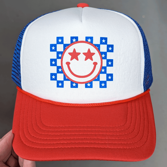 Patriotic PUFF Checkered Happy Face Hat/Pocket Screen Print Heat Transfer