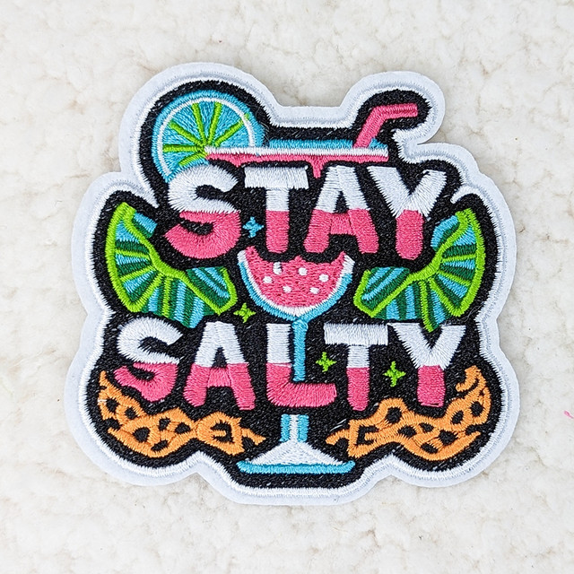 Stay Salty Embroidered HAT/POCKET Patch, colorful embroidered patch with a cocktail glass, lime slices, and the phrase 'Stay Salty' in bold letters.