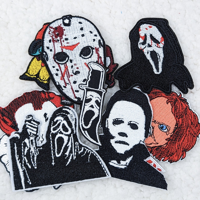 Bundle Horror Characters Embroidered Hat and Pocket Patches, featuring designs of horror icons like Jason Voorhees, Ghostface, Michael Myers, and Chucky.