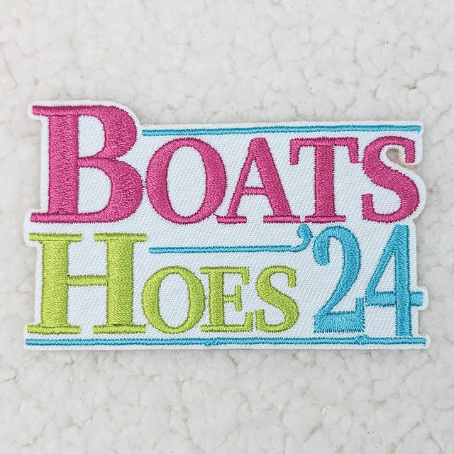 Boats Hoes '24 Embroidered HAT/POCKET Patch, colorful embroidered patch with pink, yellow, and blue text on white background.