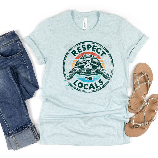 Respect The Locals Box Turtle DTF Heat Transfer, graphic t-shirt with a box turtle and colorful circular design.