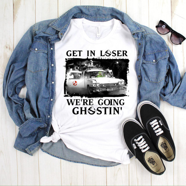 Get in Loser, We're Going Ghostin' Ghostbusters Fan Art Sublimation Transfer, printed on a t-shirt, featuring a themed design with Ghostbusters imagery and text.