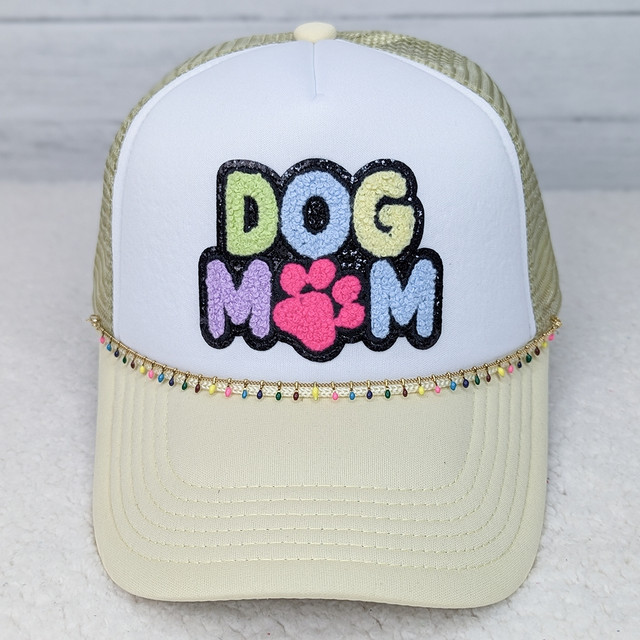 Party Lights Hat Chain, colorful beaded decorative chain attached to a beige and white cap with 'Dog Mom' embroidered patch.