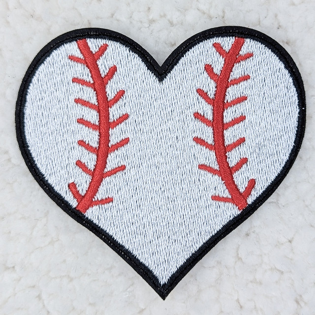 Baseball Heart Embroidered HAT/POCKET Patch, embroidered patch in the shape of a heart with red baseball stitching details.